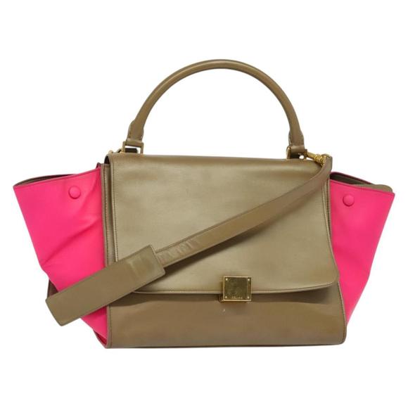 CELINE Trapeze Hand Bag Leather 2way Beige Gold Auth bs28306 - Picture 1 of 16